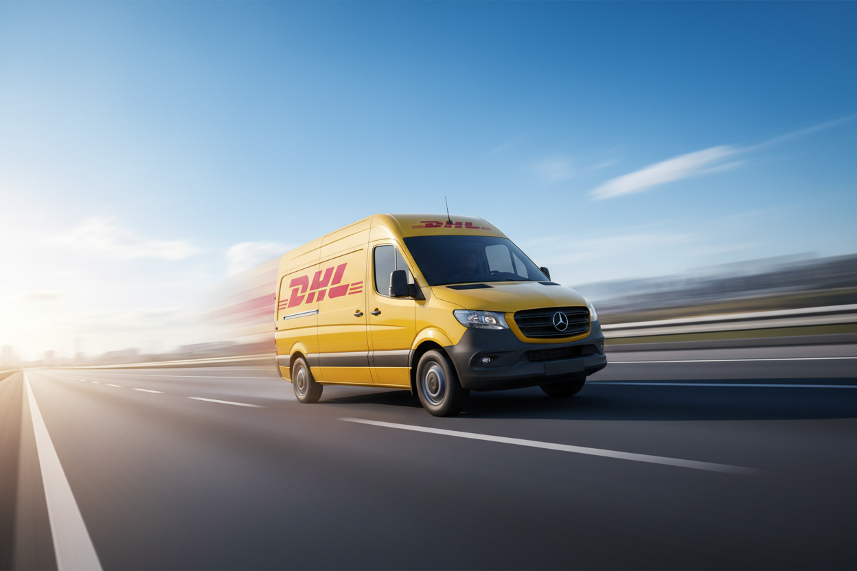 DHL Lieferwagen abgebildet der schnell fährt