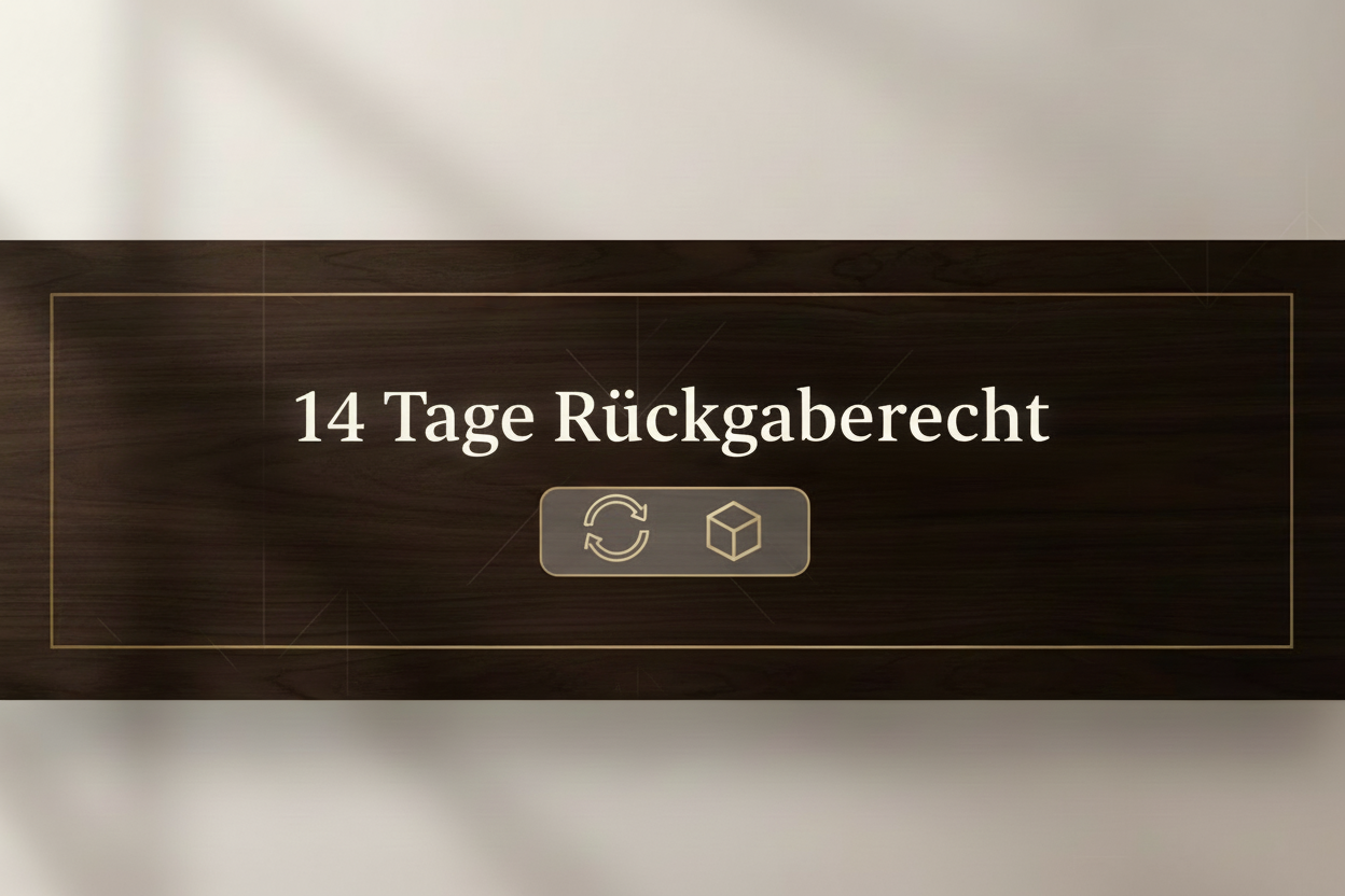 Premium e-commerce banner, horizontal wide layout (long rectangle, not square).

Elegant and modern design for “14 Tage Rückgaberecht”.

Dark walnut wood texture or soft neutral background with subtle depth.

Clean typography, high contrast, luxury feel.

Minimal icons or fine line elements, well balanced, not playful.

Soft natural lighting, calm and trustworthy atmosphere.

High-quality Shopify-style UI element, visually striking but clean.

No clutter, no stock-photo look, no childish design.

Designed t
